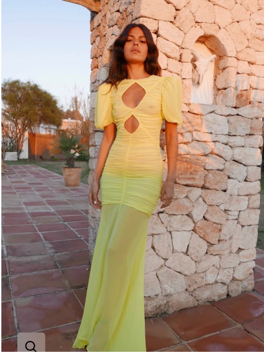 DE LA VALI Olympia Maxi Dress in Yellow Crepe Sz 6 US